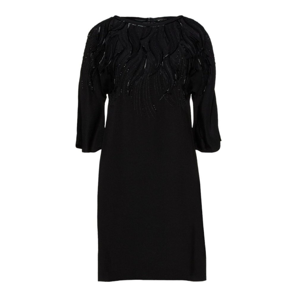 ETRO Black Silk Embellished Crepe de chine Dress Feather Shift Midi Womens Sz L